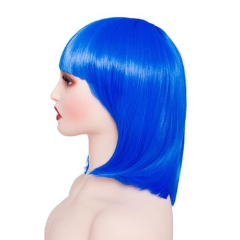 Modrá bob paruka pro ženy s ofinou, rovný styl, pro ženy, karneval, cosplay, modrá, 28 cm