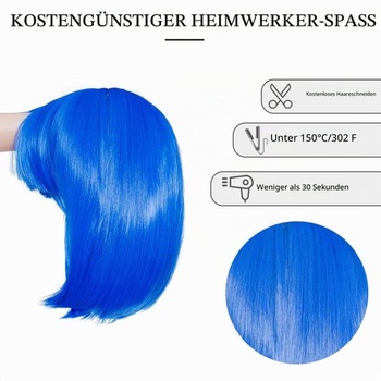 Modrá bob paruka pro ženy s ofinou, rovný styl, pro ženy, karneval, cosplay, modrá, 28 cm