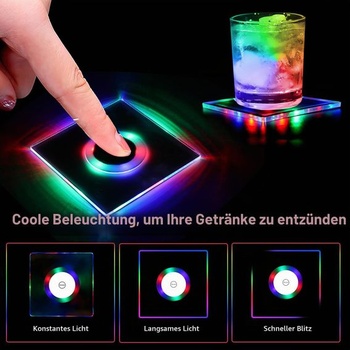 6 štvorcových farebných LED podtáckov na nápoje, 10 cm, 3 režimy svietenia (6 kusov)