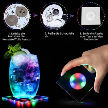 6 štvorcových farebných LED podtáckov na nápoje, 10 cm, 3 režimy svietenia (6 kusov)