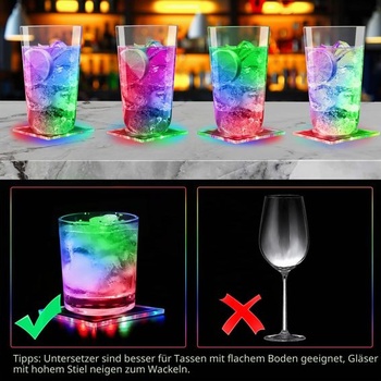 6 štvorcových farebných LED podtáckov na nápoje, 10 cm, 3 režimy svietenia (6 kusov)