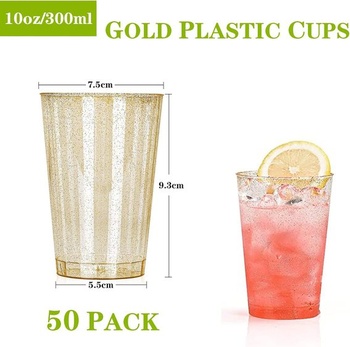 CYH 50 balení opakovaně použitelných plastových kelímků se zlatými třpytkami, 300ml průhledné párty