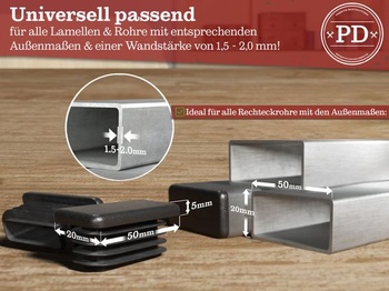 PD® Lamelové zátky 50x20 mm Obdĺžniková rúrka - Koncové krytky čierne | 4 kusy 450 x 20 mm