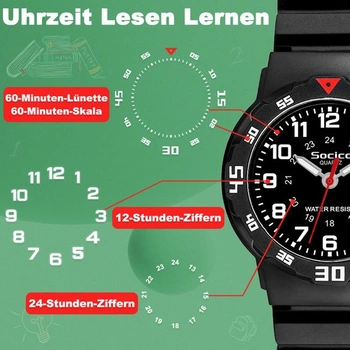 Dětské vzdělávací hodinky SOCICO, vodotěsné analogové hodinky pro dívky a chlapce, černé - černý