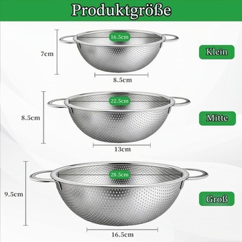 Sada 3 cedníků z nerezové oceli s mikroperforací, sítka na těstoviny s rukojeťmi, cedník z nerezové