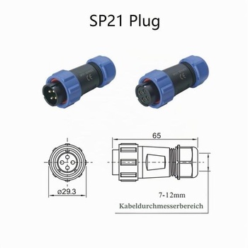 9pinový letecký konektor SP21, IP68, zástrčka (samec) a zásuvka (samica).