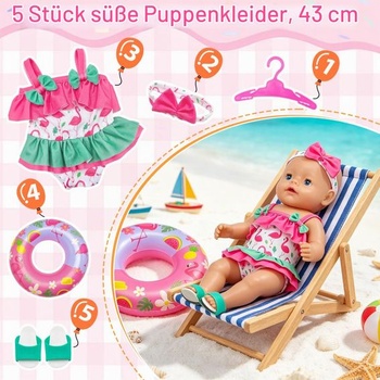 Oblečenie pre bábiky 36-43 cm, letná plavecká sada s čelenkou, plavecký kruh, topánky, ramienko,