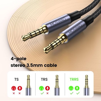 MOSWAG 4pólový audio kábel pre slúchadlá s 3,5mm jackom a 3,5mm jackom, 2m, čierny