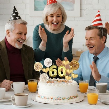 Zlaté sviečky k 60. narodeninám, 3D narodeninové sviečky na ozdobu torty, dekorácie pre mužov a ženy k