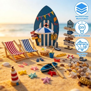 29dielna miniatúrna dekorácia plážovej krajiny s mini lehátkami, dverami plážovej chatky, plachetnicou,