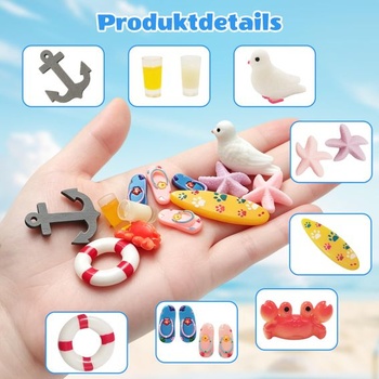 29dielna miniatúrna dekorácia plážovej krajiny s mini lehátkami, dverami plážovej chatky, plachetnicou,