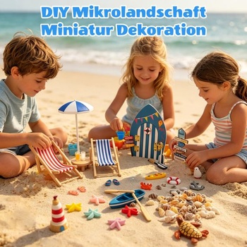 29dielna miniatúrna dekorácia plážovej krajiny s mini lehátkami, dverami plážovej chatky, plachetnicou,