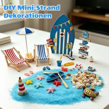 29dielna miniatúrna dekorácia plážovej krajiny s mini lehátkami, dverami plážovej chatky, plachetnicou,