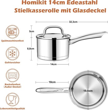 Hrniec Homikit 14 cm s rukoväťou, malá nerezová kanvica na mlieko so skleneným vekom, trojvrstvové dno