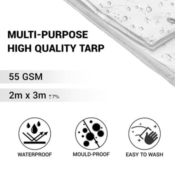 Autoplachta SKIR'CO, biela, 2 x 3 m – vodeodolná, 55 g/m² – s očkami – ochrana auta – multifunkčná,