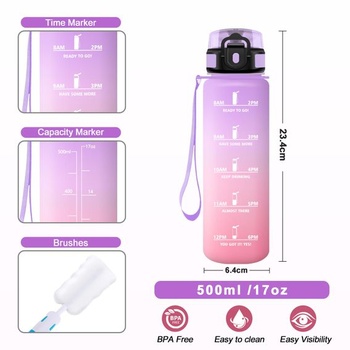 Športová fľaša 500ml s filtrom, vhodná na sýtené nápoje, nepriepustná, s časovými značkami, pre