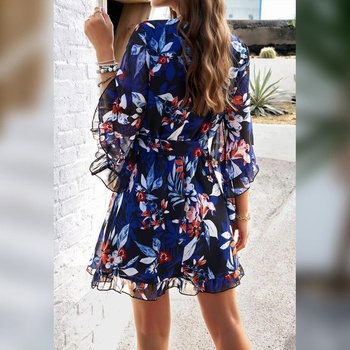 Dámske krátke elegantné kvetinové šifónové šaty Odizli s výstrihom do V, veľkosť M, modré