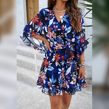Dámske krátke elegantné kvetinové šifónové šaty Odizli s výstrihom do V, veľkosť M, modré