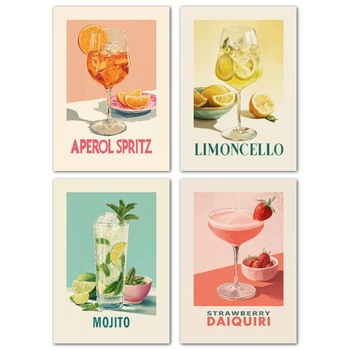 LAVEMA Sada retro plagátov s koktaily A4 (21x30cm) Vintage Aperol Spritz Mojito Limoncello Kuchynské