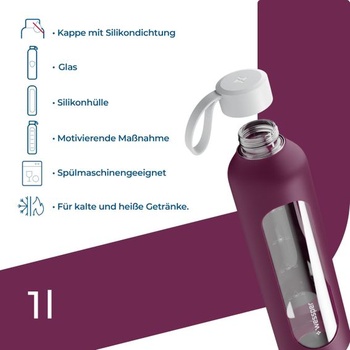 Skleněná láhev na pití Wessper, 1 litr, s hydratační stupnicí - vínová