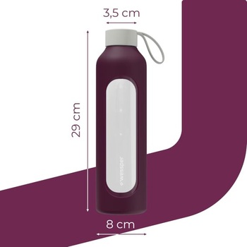Sklenená fľaša na pitie Wessper, 1 liter, s hydratačnou stupnicou - vínová