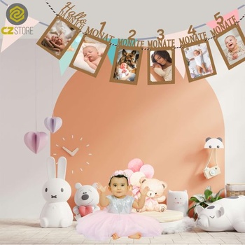Banner na girlande/narodeninovú dekoráciu k 1. narodeninám - 12 papierových kartičiek z kraftu pre
