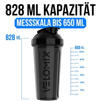 VELOMIX 2 balenia 828ml proteínový koktail Shaker, čierna/priehľadná A1) Čierna / priehľadná