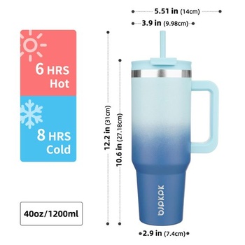 BJPKPK 1200 ml izolovaný hrnček z nerezovej ocele s uchom, viečkom a slamkou, nebesky modrý 1,2 l