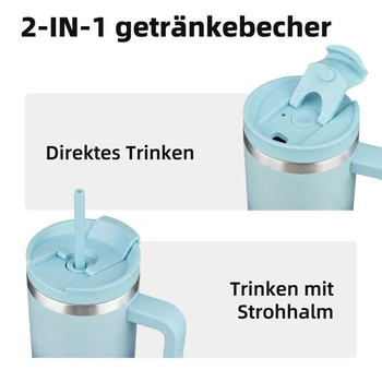 BJPKPK 1200 ml izolovaný hrnek z nerezové oceli s uchem, víčkem a brčkem, nebesky modrý 1,2 l