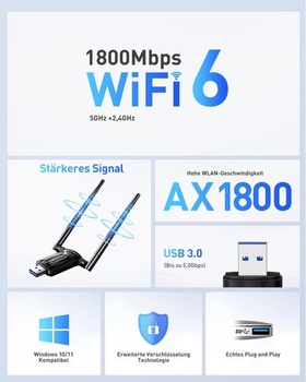 USB WiFi adaptér pre PC - Nineplus AX1800, dvojpásmový 5GHz/2.4GHz WiFi 6 stick s WiFi anténou,