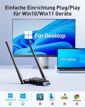 USB WiFi adaptér pre PC - Nineplus AX1800, dvojpásmový 5GHz/2.4GHz WiFi 6 stick s WiFi anténou,