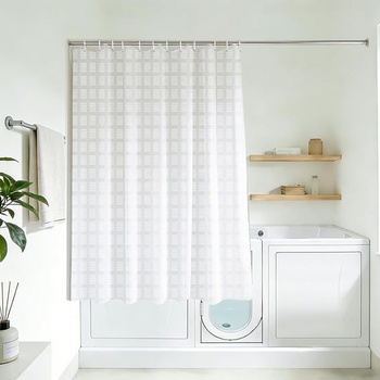 YISURE Sprchový záves, výška 150 cm, biely, geometrický vzor, ​​krátky sprchový záves s kovovými
