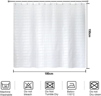 YISURE Sprchový závěs, výška 150 cm, bílý, geometrický vzor, krátký sprchový závěs s kovovými