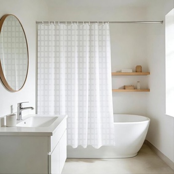 YISURE Sprchový záves, výška 150 cm, biely, geometrický vzor, ​​krátky sprchový záves s kovovými