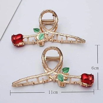 Elegantní kovové sponky do vlasů s červenou růží, velké sponky se žraločím vzorem, protiskluzové