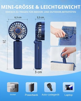 Prenosný ručný ventilátor, mini skladací stolný ventilátor, 1800 mAh, rotácia 180 °, 3 rýchlosti,
