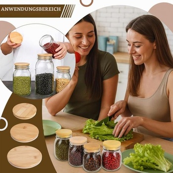Sada 6 bambusových viečok na zaváracie poháre NBEADS, 3 veľkosti, okrúhle úložné viečka, náhradné