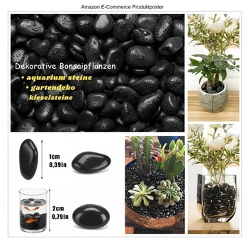 1 kg přírodních oblázků, 3-5 cm, černé leštěné říční kameny, dekorativní oblázky, říční kameny pro