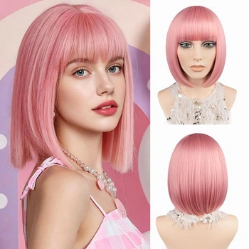 Růžová krátká bob paruka 30 cm rovná bob paruka s ofinou,…