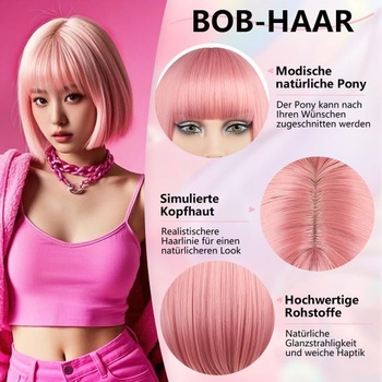 Růžová krátká bob paruka 30 cm rovná bob paruka s ofinou, žáruvzdorná syntetická vlákna, barevná