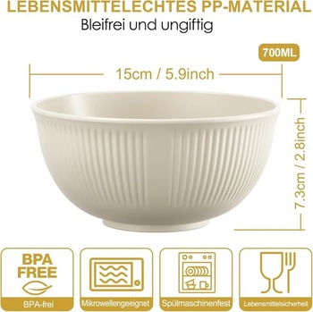 Sada 6 plastových misiek na cereálie, nerozbitné plastové misky v 6 farbách, objem 750 ml, vhodné do