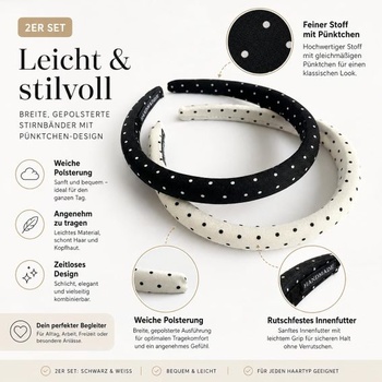 Cosiesnest 2dielna sada bodkovaných čeleniek, elegantná čiernobiela čelenka pre ženy, 1,5 cm široká