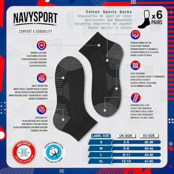 Pánske bavlnené športové ponožky NAVYSPORT, balenie 6 párov, veľkosť 43-46, štvrtinová dĺžka, čierne