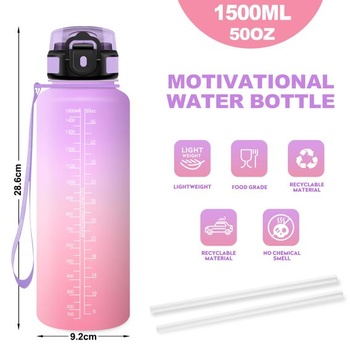 1,5l fľaša na vodu so slamkou a časovačom, bez BPA, športová fľaša do posilňovne, na kempovanie, na