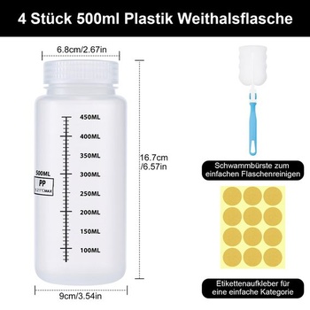Sheryl&Rain 4dielne balenie 500ml plastových laboratórnych fliaš so širokým hrdlom, uzavreté,