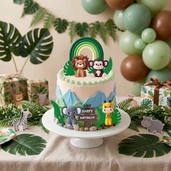 Dekorácia na torty so zvieratami, Dekorácia na narodeninovú párty s motívom džungle, Biele zvieratá