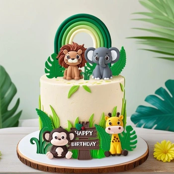 Dekorácia na torty so zvieratami, Dekorácia na narodeninovú párty s motívom džungle, Biele zvieratá