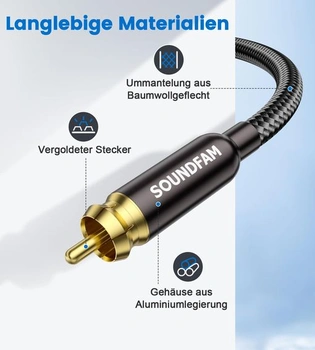 RCA kabel pro subwoofer 1M, samec-samec RCA kabel [pozlacené konektory, bavlněný oplet] pro