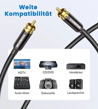 RCA kabel pro subwoofer 1M, samec-samec RCA kabel [pozlacené konektory, bavlněný oplet] pro