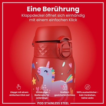 Detská nerezová fľaša na vodu ion8, ľahká, 400 ml, neizolovaná, nepriepustná, otváranie raz